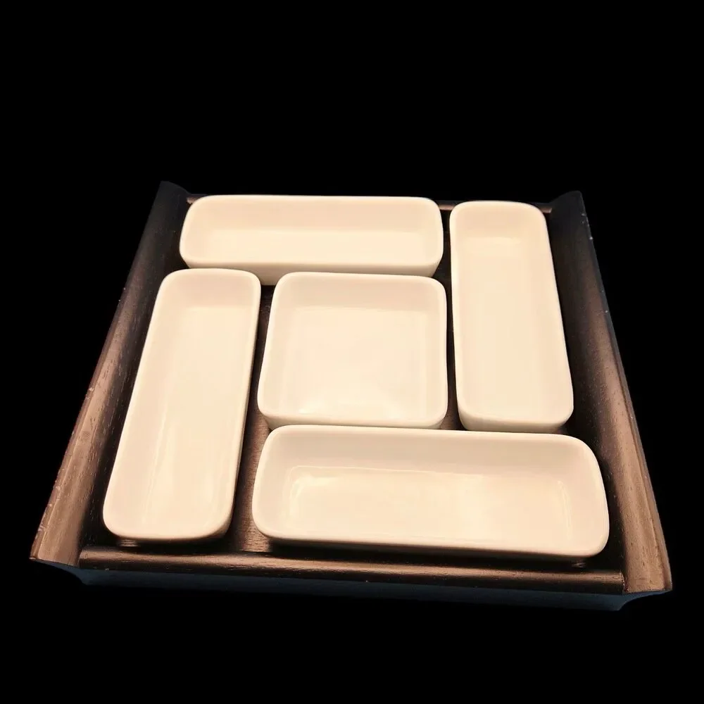 Crate & Barrel 5-Piece Appetizer Serving Set Wood Tray Porcelain Bowls